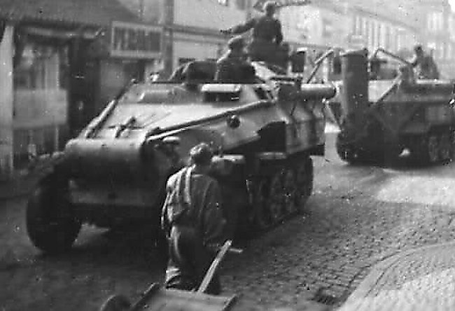 Two Sd.Kfz.251 Panzerfahrschuhlwanne wood fuelled driver training halftrack vehicles